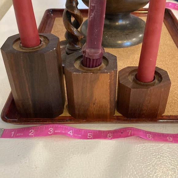 Set/5 Dark Candle Holders 3 Dark Walnut Stacking, 2 Hand Turned Candles decor - Picture 12 of 16